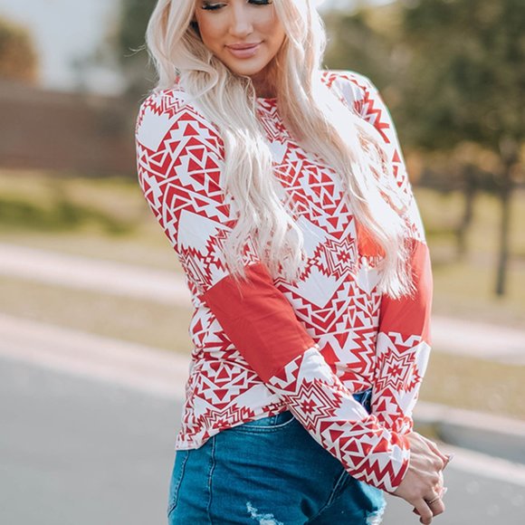 Red Aztec Print Splicing Pocket Long Sleeve Top - Picture 4 of 6